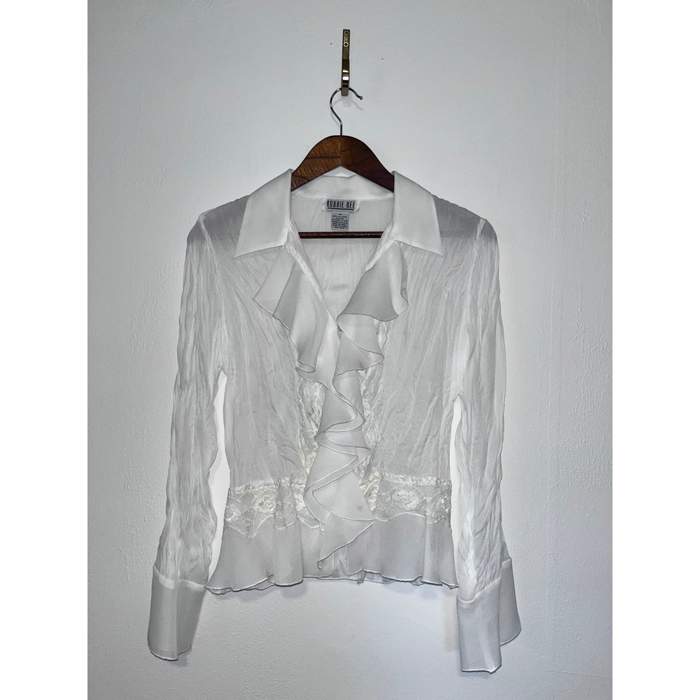 Robbie Bee VNTG White Ruffle Lace Trim Crinkle Sheer Long Sleeve Blouse Medium